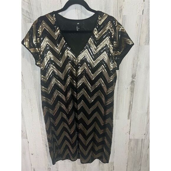 H&M Women's Black and Gold Sequin Chevron Mini Dress Size L Party - Picture 1 of 5